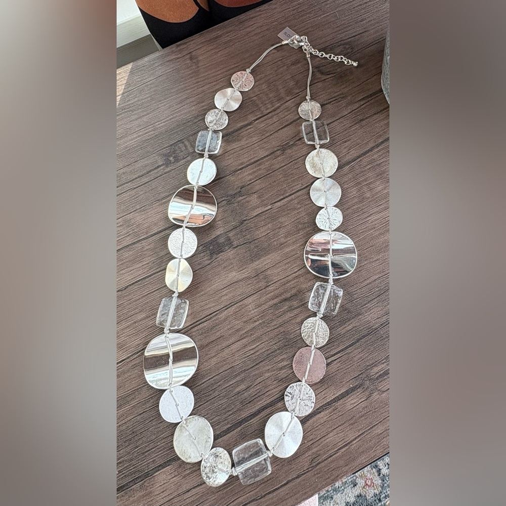 Chico's Silver-Tone Round Disc & Clear Square Link Necklace